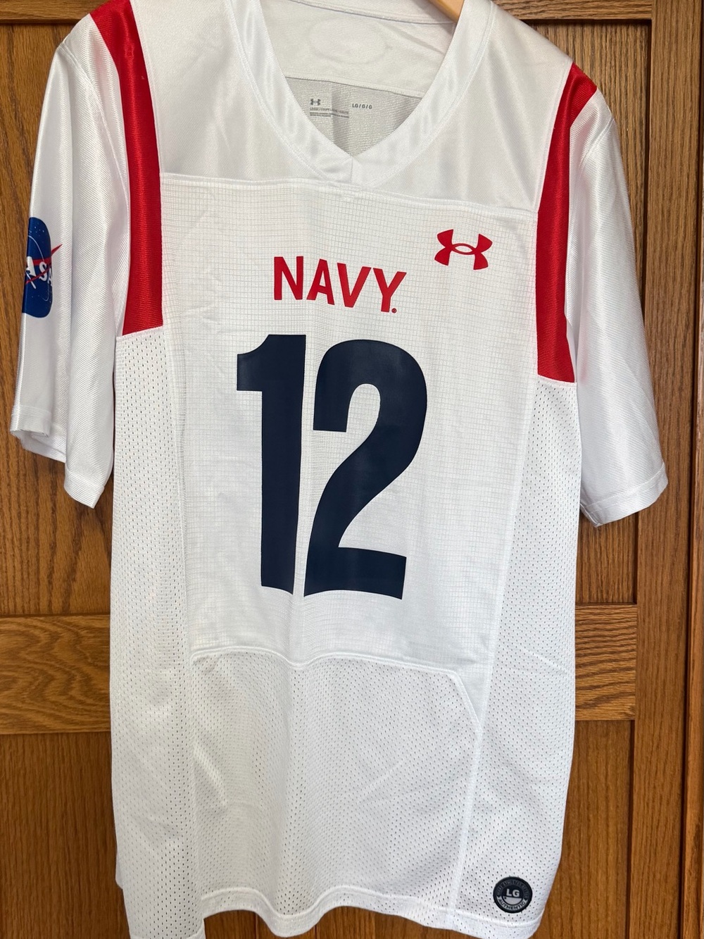 Under Armour White Jersey with Red Accents and Navy Number 12